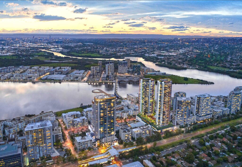 Aerial photo and CGI of Rhodes peninsula and Billbergia's Rhodes Central Masterplan
